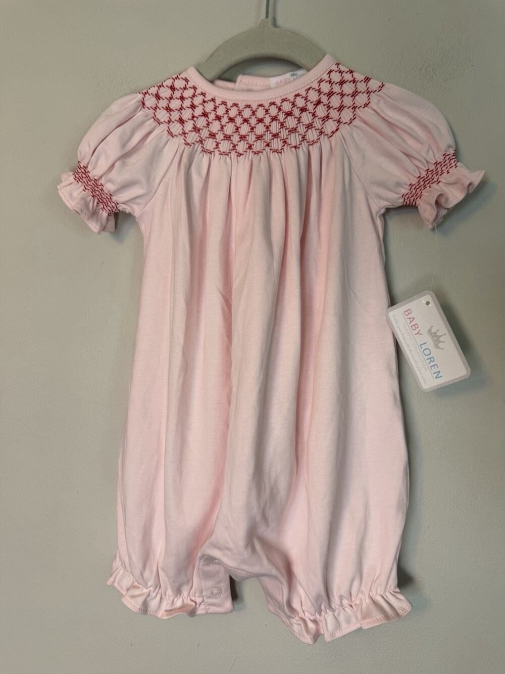 Baby Loren Light Pink Red Hand Smocked Cotton Bishop Bubble L 9-12 Months NWT
